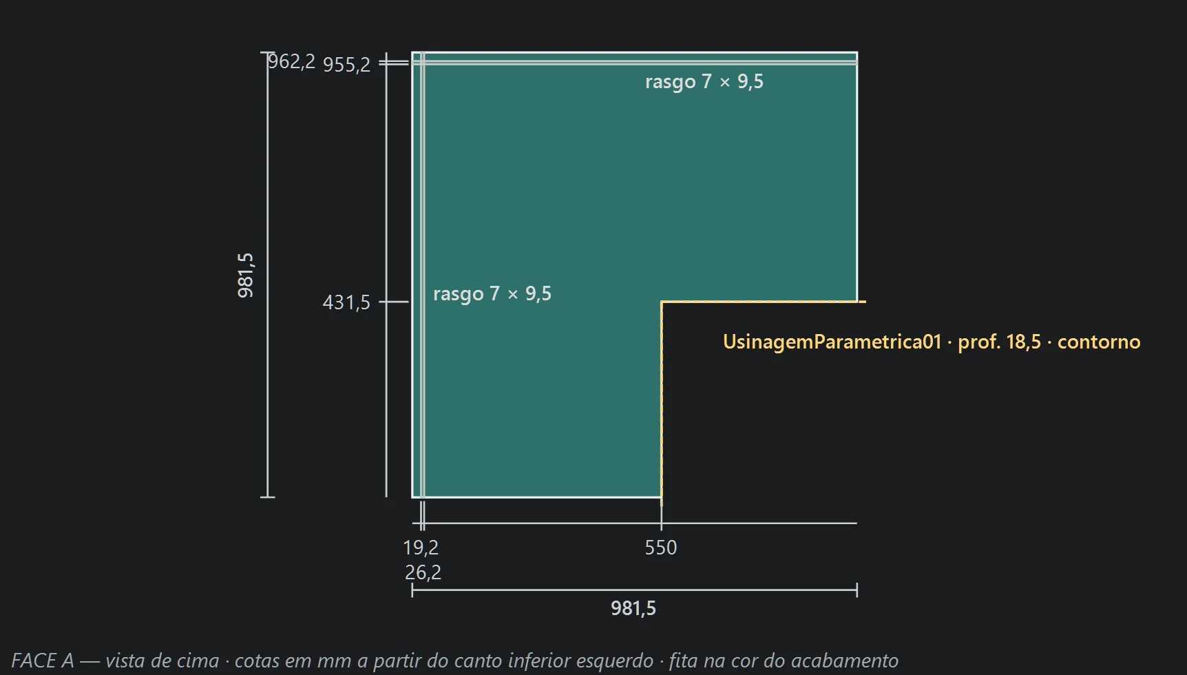 Desenho técnico do Kortex: peça com usinagem paramétrica de contorno, rasgos e todas as cotas em milímetros