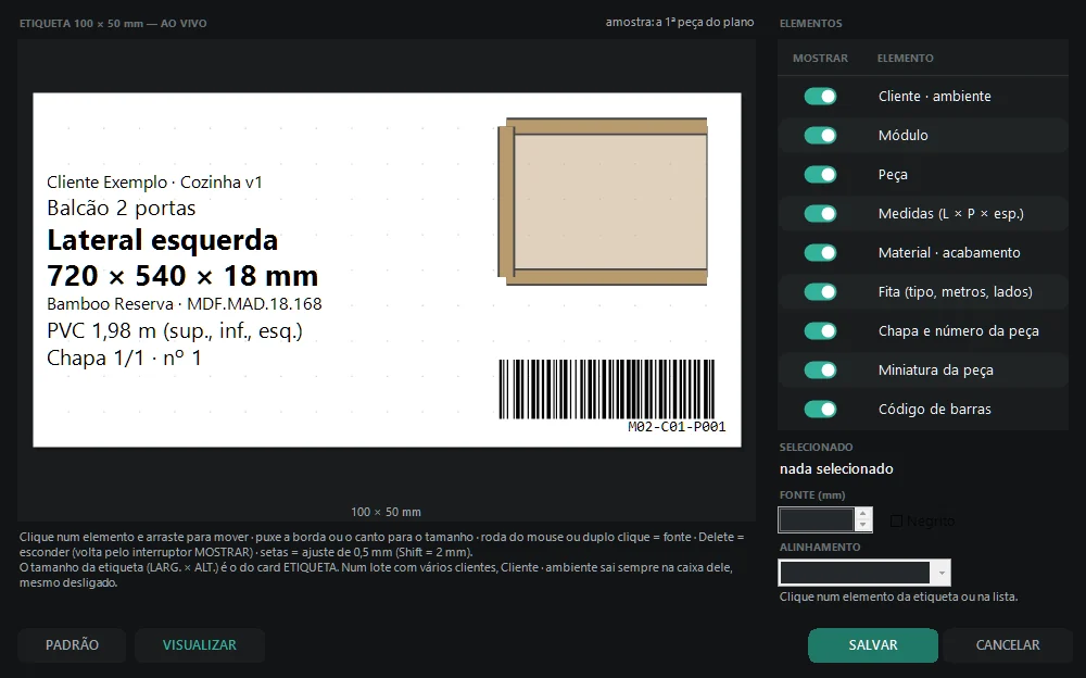 Editor do layout da etiqueta: etiqueta de uma lateral de caixaria ao vivo, com medidas, material, fita, miniatura e código de barras