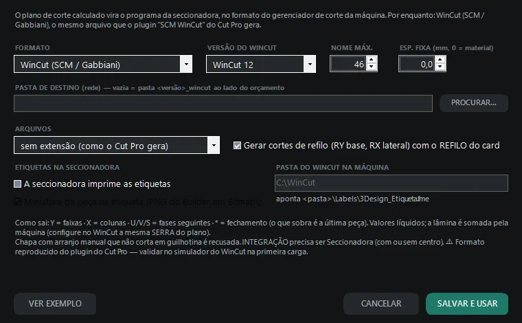 Diálogo da seccionadora: formato do programa, pasta de destino, refilo e etiquetas